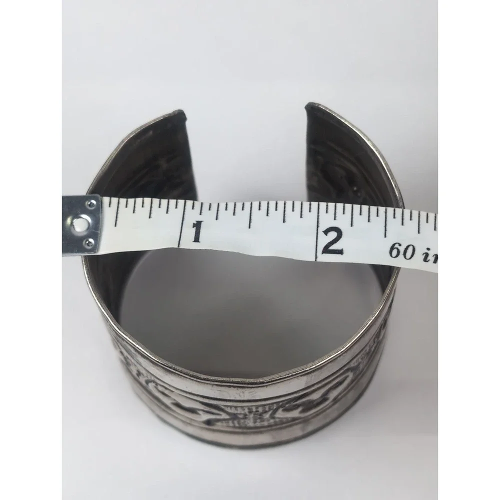 Vintage Boho Wide Cuff Bracelet Embossed  Silver Tone Ornate Carved Faces 2X2.5